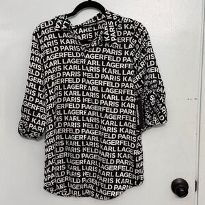 Karl Lagerfeld Paris Womens Modern Chic Logo Print Monochrome Roll Tab Shirt SzM